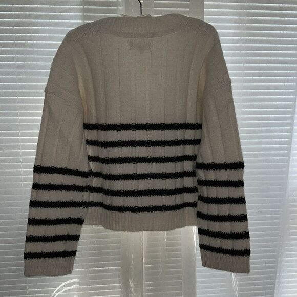 Lucky Brand L-XL White Black Stripe Cable Knit Button Front Wool Blend Cardigan - Picture 6 of 16